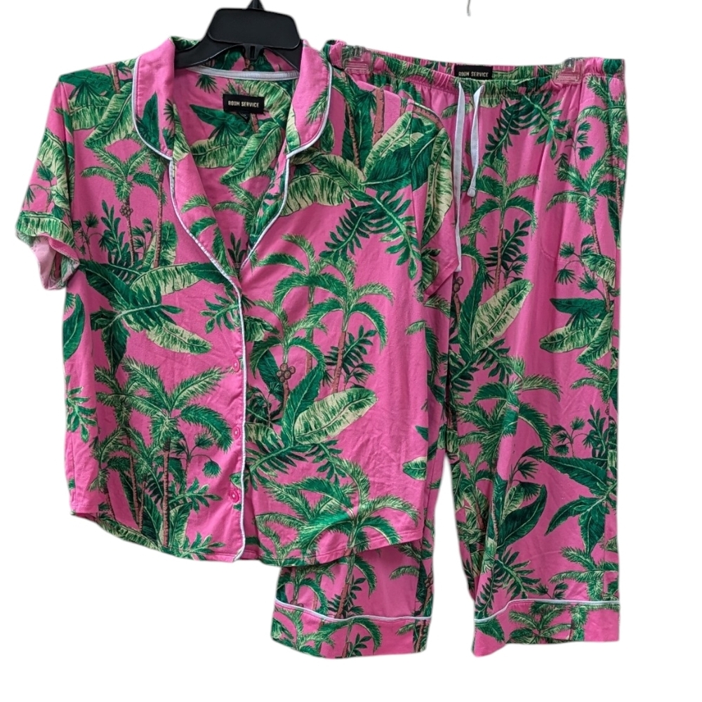 Room Service, Pink And Green Palm Tree Cropped PJ's. Medium